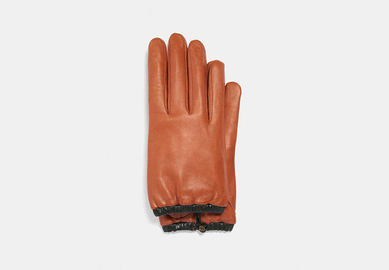 COACH®,SCULPTED SIGNATURE GATHERED LEATHER TECH GLOVES,Leather,Sunset,Front View
