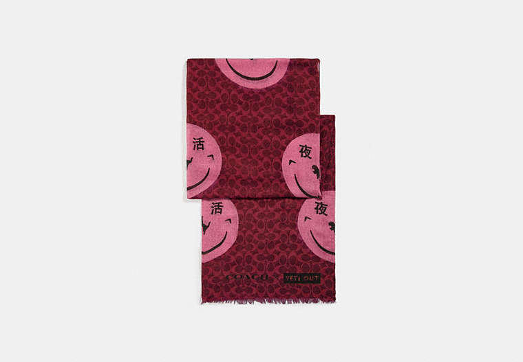 COACH®,SIGNATURE SCARF WITH REXY BY YETI OUT,Modal Blend,Red.,Front View
