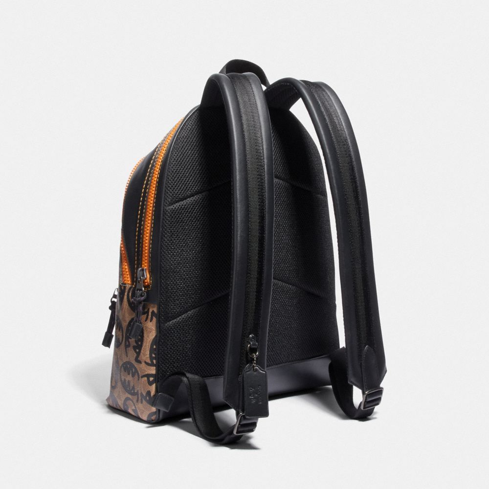 COACH®,ACADEMY BACKPACK IN SIGNATURE CANVAS WITH REXY BY GUANG YU,Coated Canvas,Large,Black Copper/Khaki,Angle View