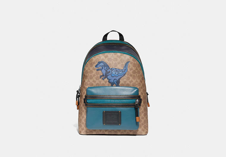 COACH®,ACADEMY BACKPACK IN SIGNATURE CANVAS WITH REXY BY ZHU JINGYI,Coated Canvas,Large,Black Copper/Khaki,Front View