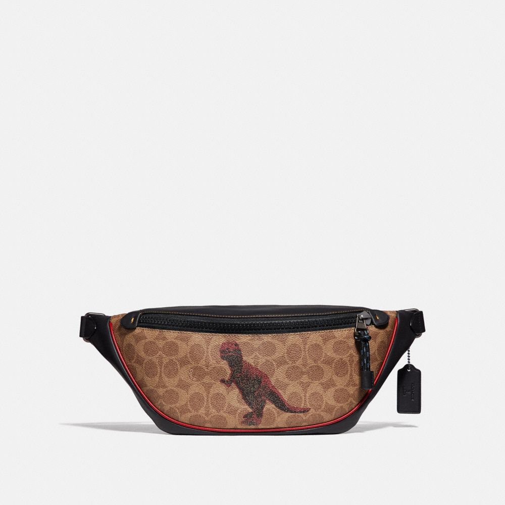 COACH®,RIVINGTON BELT BAG IN SIGNATURE CANVAS WITH REXY BY SUI JIANGUO,Coated Canvas,Small,Black Copper/Khaki,Front View