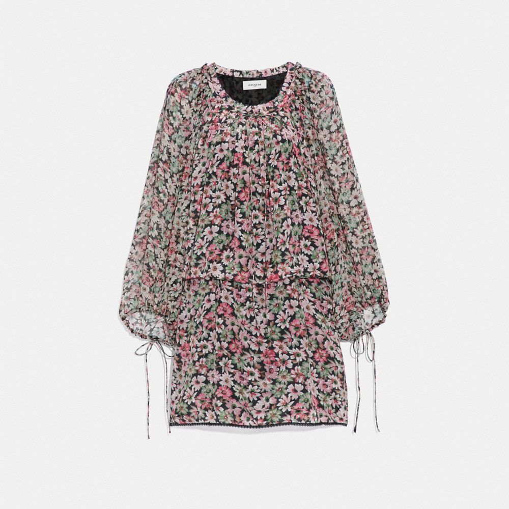 COACH®,LACEY DRESS WITH BILLOWY SLEEVES,Viscose,Black/Pink,Front View