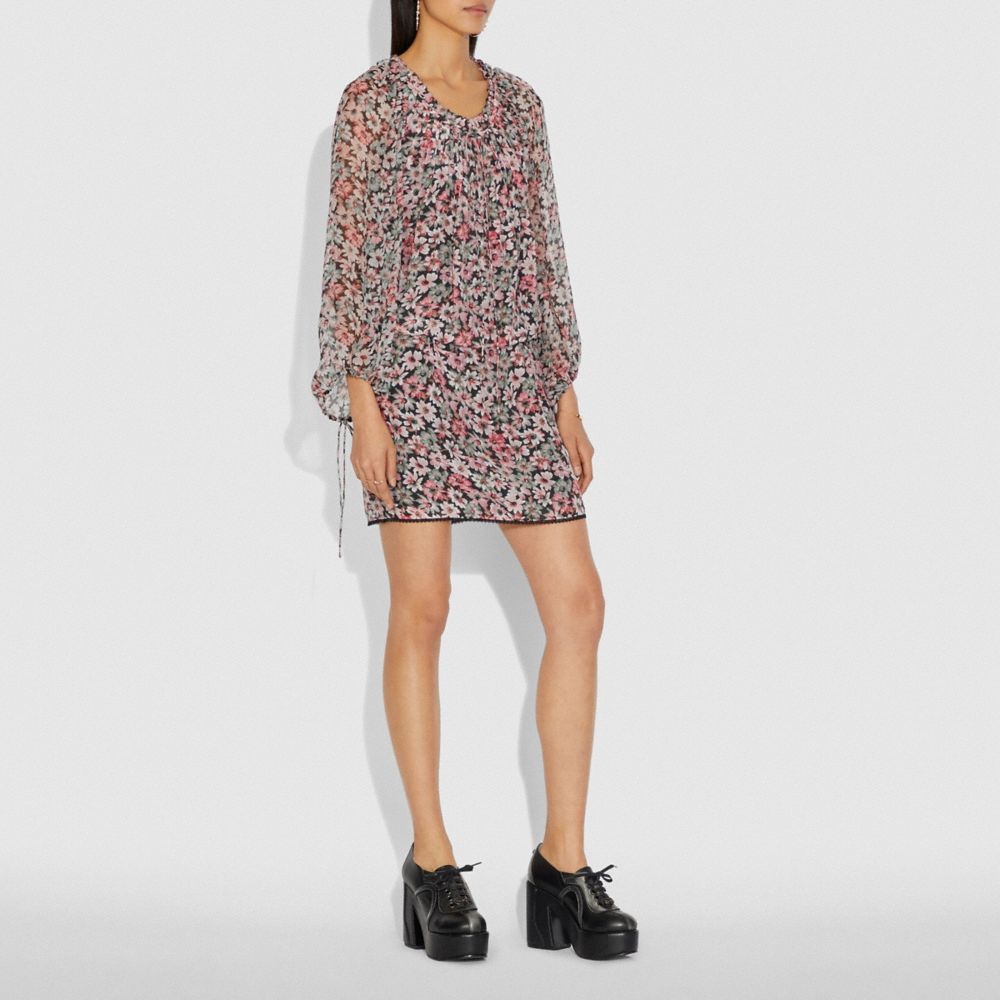 COACH®,LACEY DRESS WITH BILLOWY SLEEVES,Viscose,Black/Pink,Scale View