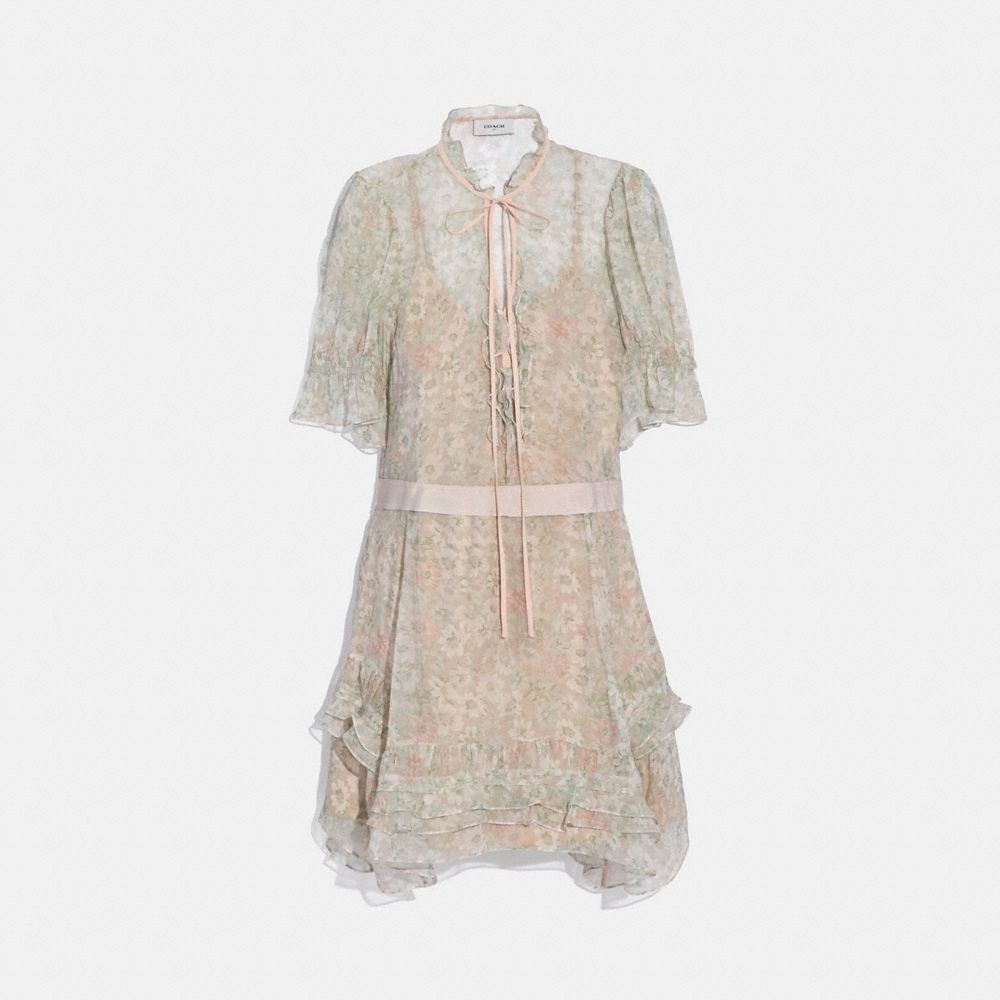 COACH®,TIERED DRESS,Mixed Material,Cream/Green,Front View