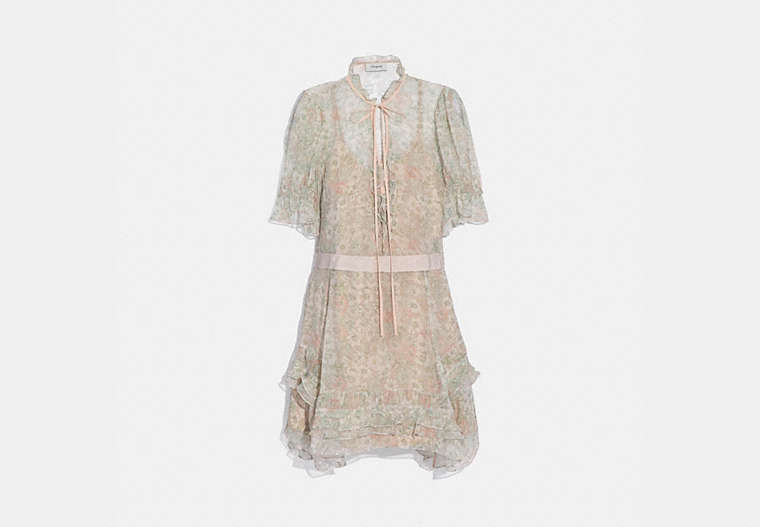 COACH®,TIERED DRESS,Mixed Material,Cream/Green,Front View