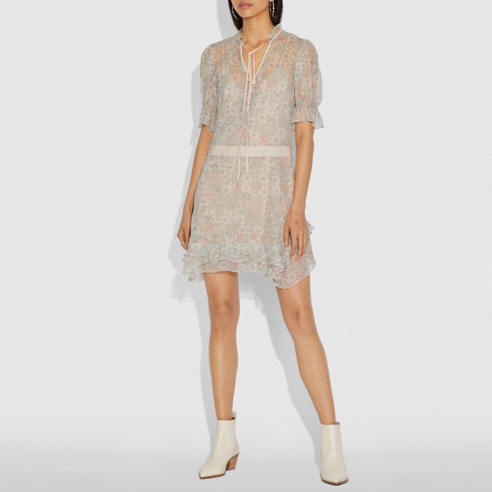 COACH®,TIERED DRESS,Mixed Material,Cream/Green,Scale View