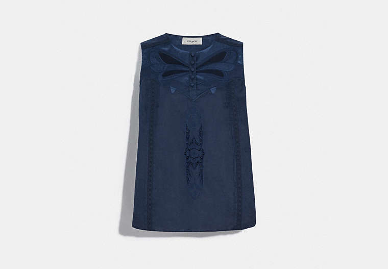 COACH®,LACEY APPLIQUE SLEEVELESS TOP,cotton,NAVY,Front View