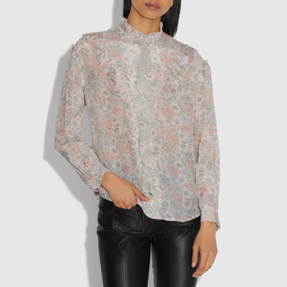 Printed Long Sleeve Blouse With Ruffles