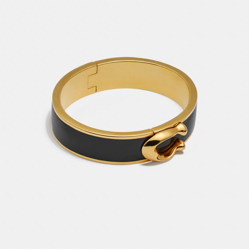COACH®,SIGNATURE LARGE HINGED BANGLE,Plated Brass,Gold/Black,Front View