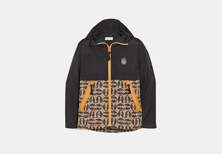 COACH®,SIGNATURE REXY BY GUANG YU WINDBREAKER,Mixed Material,BLACK/TAN,Front View