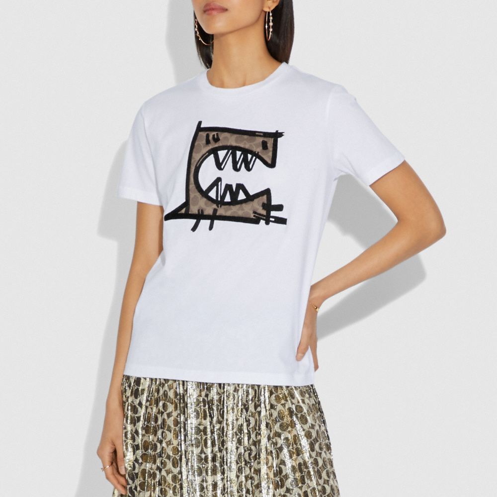 COACH®,SIGNATURE REXY BY GUANG YU T-SHIRT,cotton,Optic White,Scale View