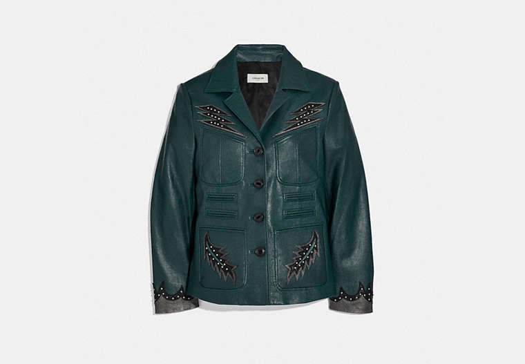 COACH®,STAGE CRAFT LEATHER JACKET,Leather,TEAL,Front View