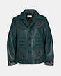 COACH®,STAGE CRAFT LEATHER JACKET,Leather,TEAL,Front View