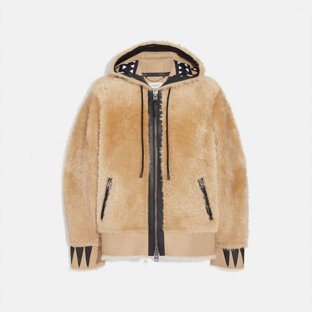 COACH®,SHEARLING REXY HOODIE,Shearling,Dirty Chai,Front View image number 0