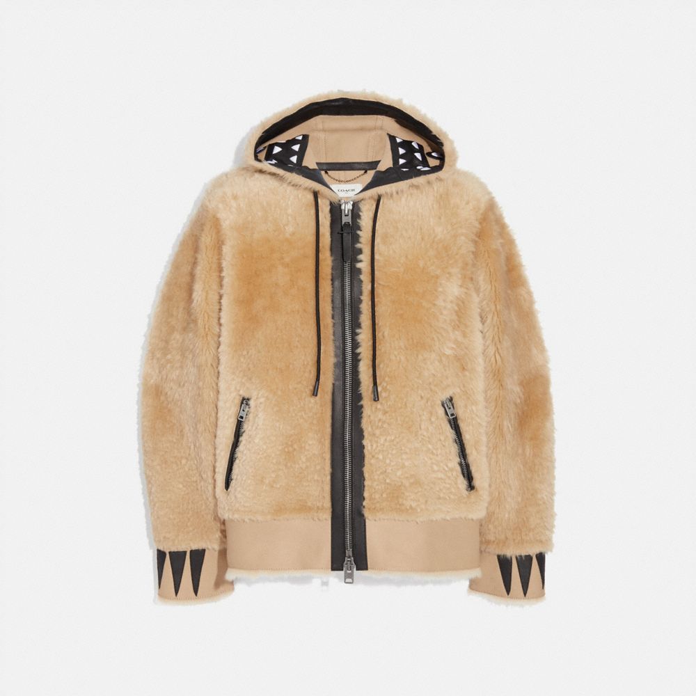 COACH®,SHEARLING REXY HOODIE,Shearling,Dirty Chai,Front View