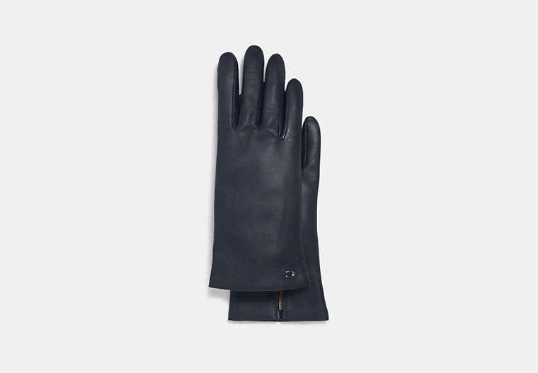 COACH®,SCULPTED SIGNATURE LEATHER TECH GLOVES,Leather,Midnight Navy,Front View