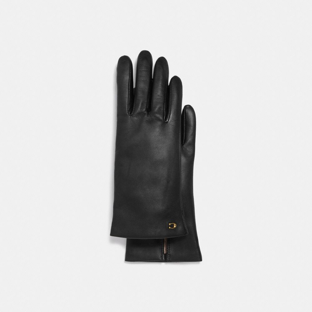 COACH®,SCULPTED SIGNATURE LEATHER TECH GLOVES,Black,Front View