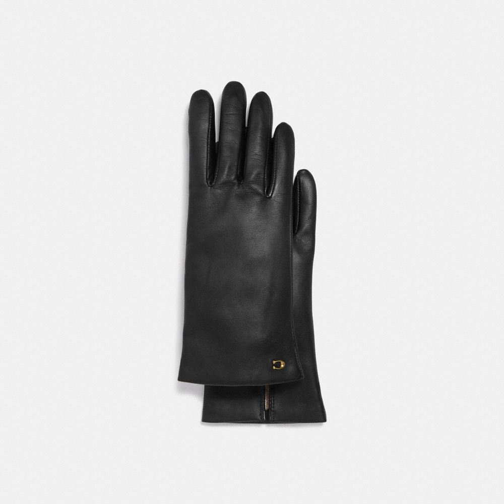 COACH®,GANTS TECHNIQUES EN CUIR EXCLUSIF SCULPTÉ,Noir,Front View