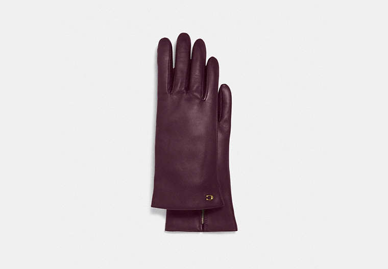 COACH®,SCULPTED SIGNATURE LEATHER TECH GLOVES,Leather,Burgundy,Front View