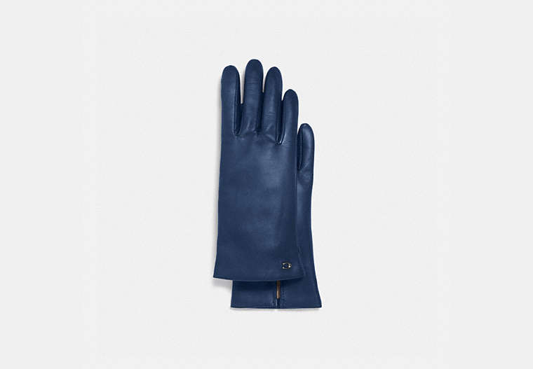 COACH®,SCULPTED SIGNATURE LEATHER TECH GLOVES,Leather,Deep Blue,Front View