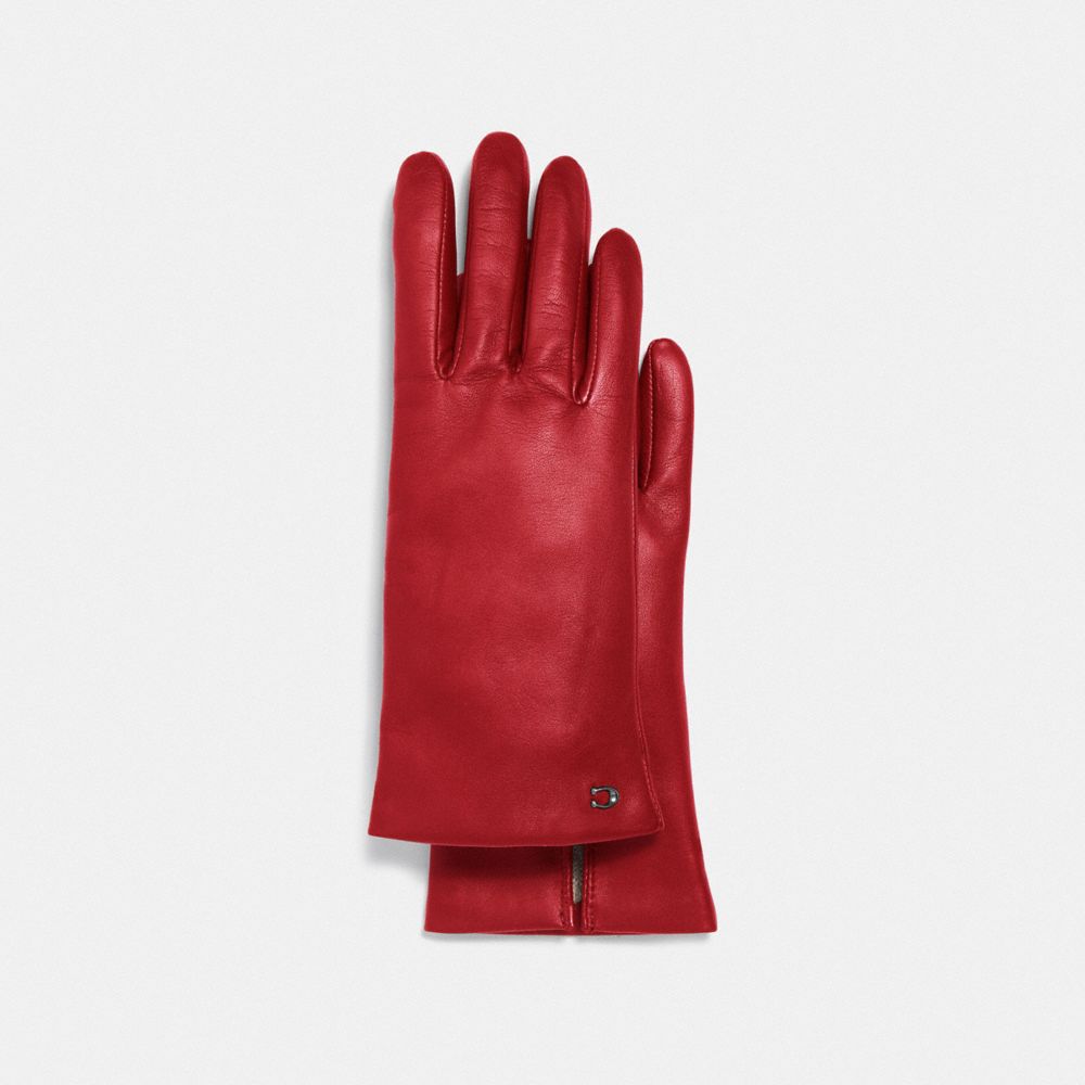 COACH®,SCULPTED SIGNATURE LEATHER TECH GLOVES,Red.,Front View