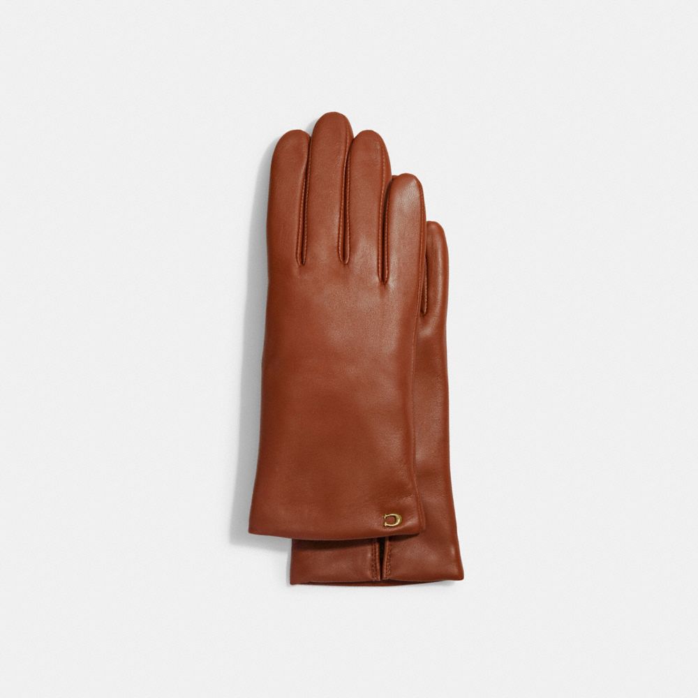 COACH®,SCULPTED SIGNATURE LEATHER TECH GLOVES,Leather,Saddle,Front View