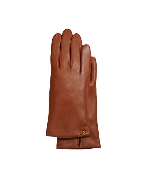 COACH®,SCULPTED SIGNATURE LEATHER TECH GLOVES,Leather,Saddle,Front View