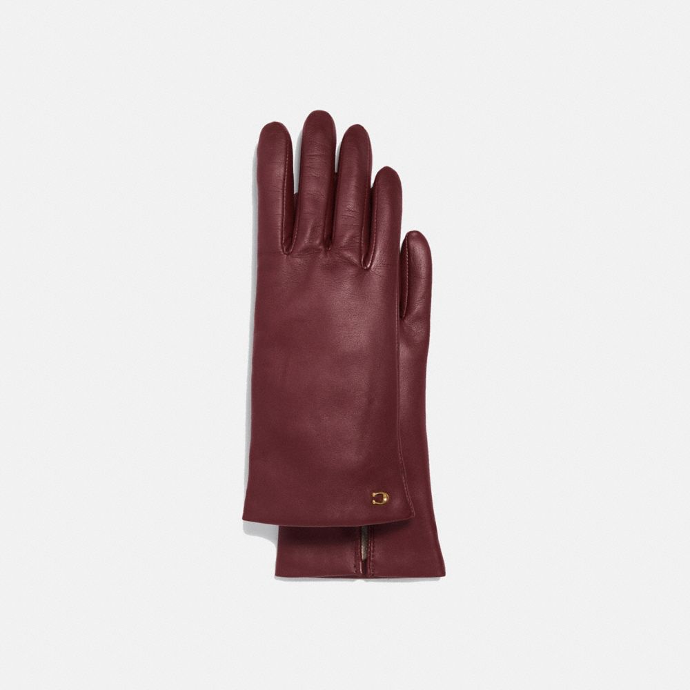 COACH®,SCULPTED SIGNATURE LEATHER TECH GLOVES,Leather,Wine,Front View