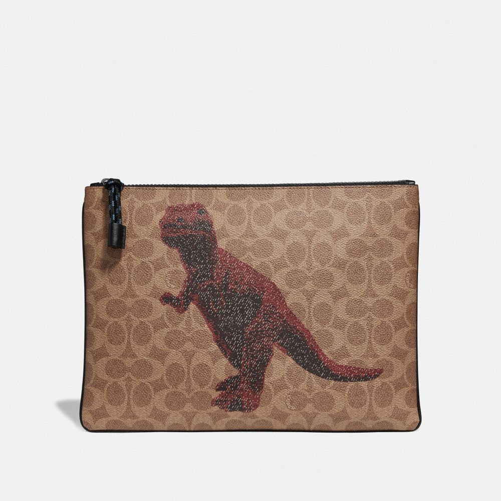 COACH®,POUCH 30 IN SIGNATURE CANVAS WITH REXY BY SUI JIANGUO,Leather,KHAKI,Front View