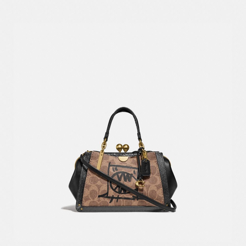 COACH®,KISSLOCK DREAMER 21 IN SIGNATURE CANVAS WITH REXY AND SNAKESKIN DETAIL BY GUANG YU,Coated Canvas,Medium,Brass/Tan Metallic Graphite Multi,Front View