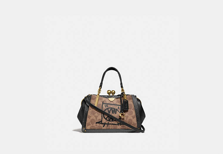 COACH®,KISSLOCK DREAMER 21 IN SIGNATURE CANVAS WITH REXY AND SNAKESKIN DETAIL BY GUANG YU,Coated Canvas,Medium,Brass/Tan Metallic Graphite Multi,Front View image number 0