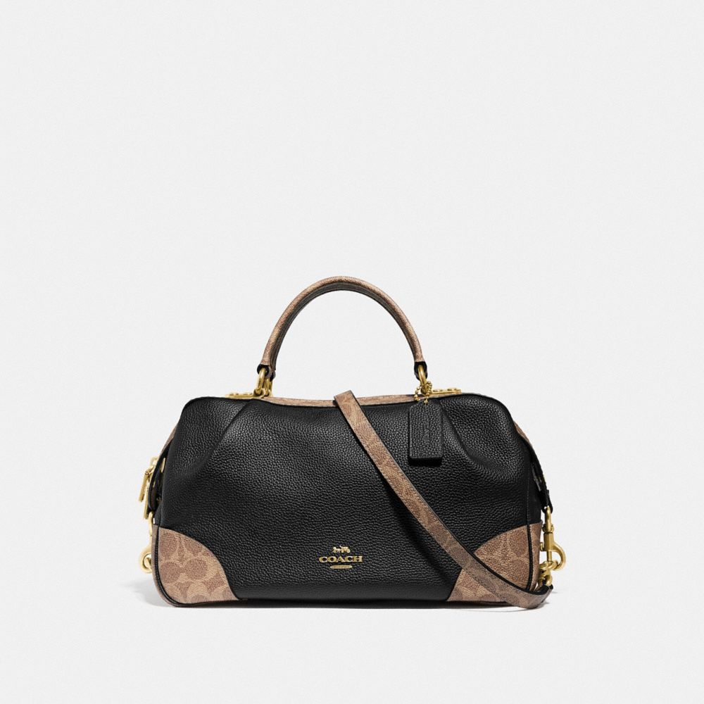 COACH®,LANE SATCHEL WITH SIGNATURE CANVAS BLOCKING,Coated Canvas,Medium,Brass/Tan Black,Front View image number 0