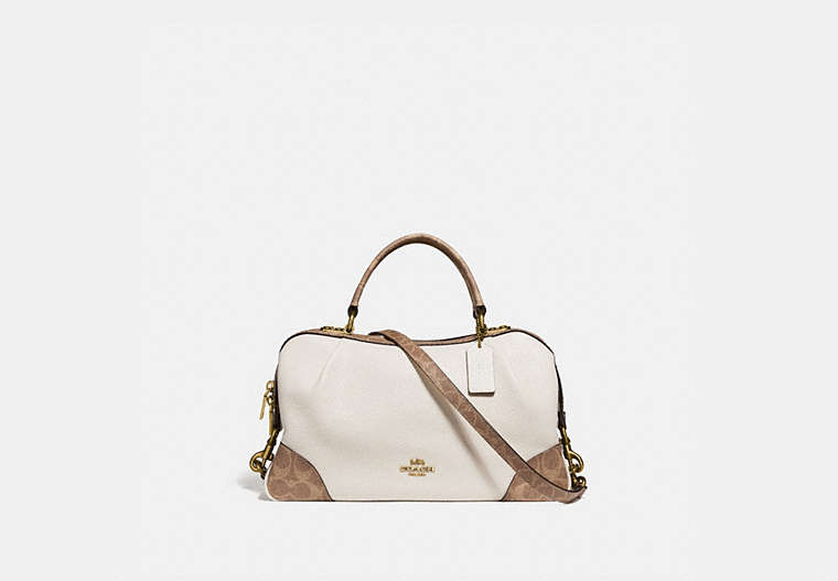 COACH®,LANE SATCHEL WITH SIGNATURE CANVAS BLOCKING,Coated Canvas,Medium,Brass/Tan Chalk,Front View