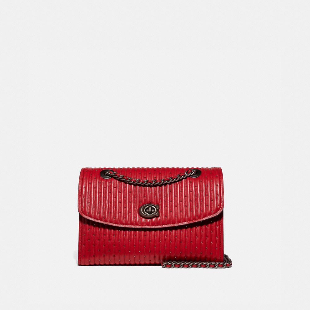 COACH®,PARKER WITH QUILTING AND RIVETS,Leather,Medium,Pewter/Red Apple,Front View