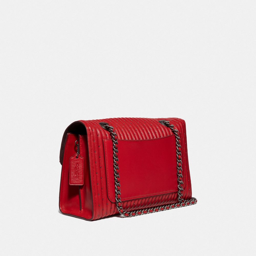 COACH®,PARKER WITH QUILTING AND RIVETS,Leather,Medium,Pewter/Red Apple,Angle View