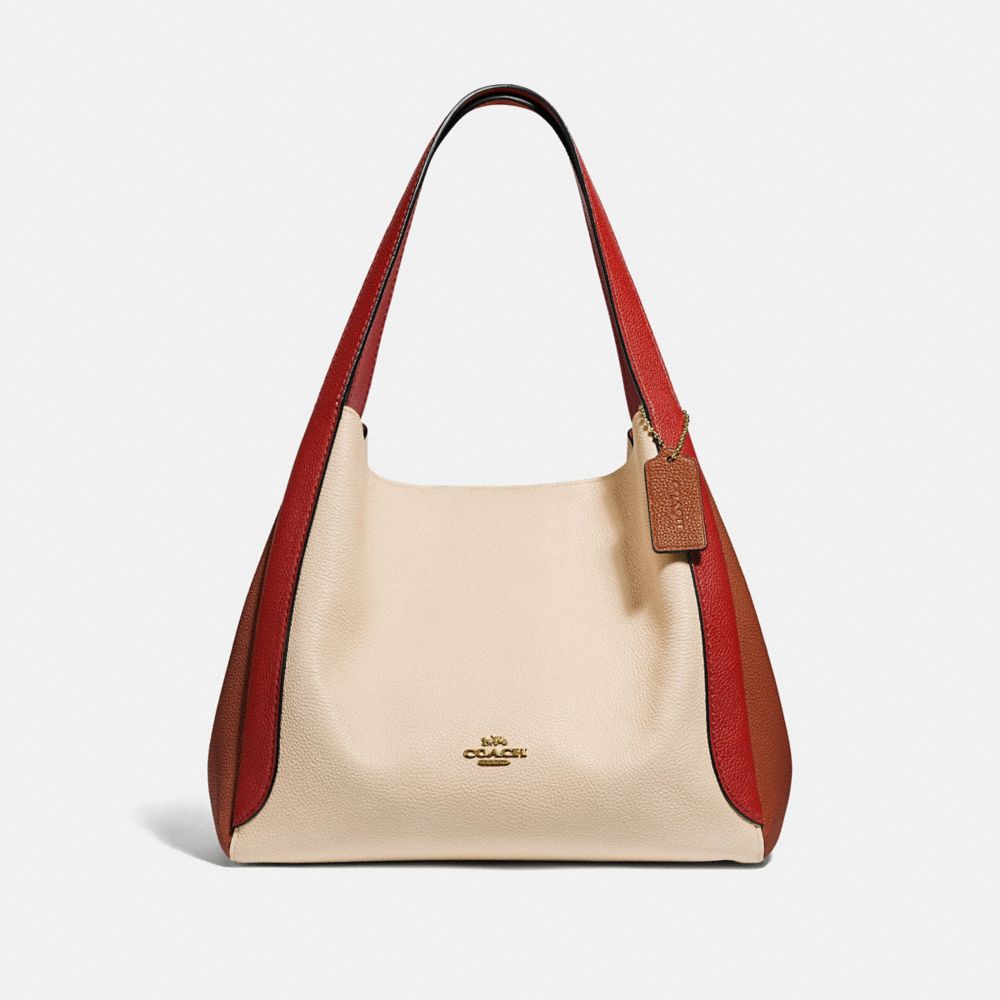 Authenticated used Coach Coach Hadley Hobo Color Block Tote Bag 76088 Polished Pebble Leather Light Taupe Red White Gold Hardware Shoulder, Adult