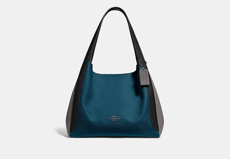 COACH®,HADLEY HOBO IN COLORBLOCK,Pebble Leather,X-Large,Gunmetal/Peacock Multi,Front View