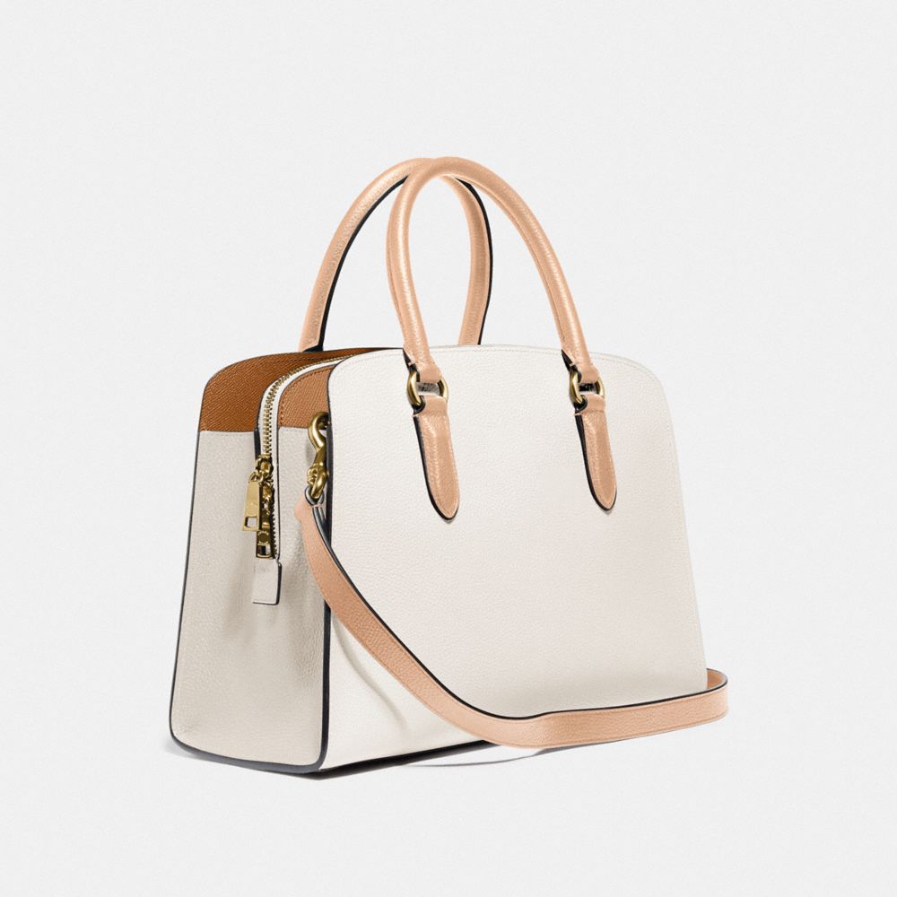 COACH®,CHANNING CARRYALL IN COLORBLOCK,Pebble Leather,Large,Gold/Chalk Multi,Angle View