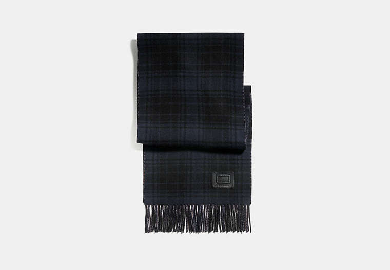 COACH®,DOUBLE PLAID PRINT MUFFLER,wool,Midnight Navy Grey,Front View