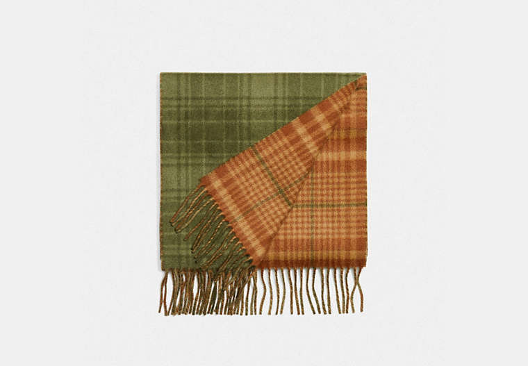 COACH®,DOUBLE PLAID PRINT MUFFLER,wool,Olive Green/Vitage Ember,Front View