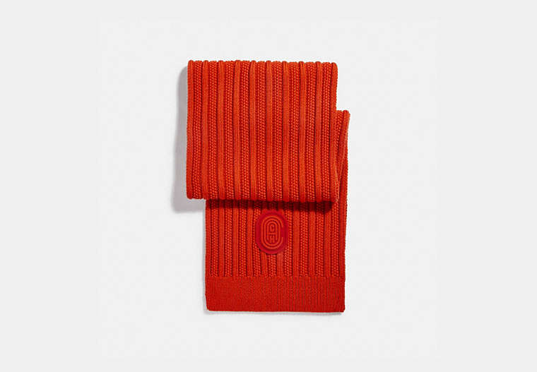 COACH®,DOUBLE SIGNATURE RETRO PATCH KNIT SCARF,wool,Red Orange,Front View