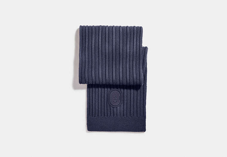 COACH®,DOUBLE SIGNATURE RETRO PATCH KNIT SCARF,wool,NAVY,Front View