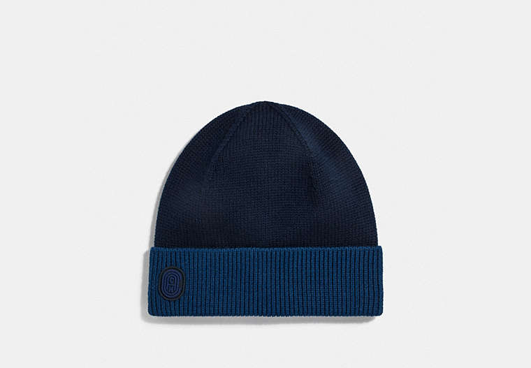 COACH®,SIGNATURE RETRO PATCH BEANIE,Wool Blend,NAVY,Front View