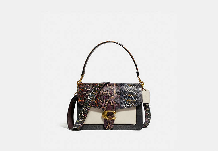 COACH®,TABBY SHOULDER BAG IN SNAKESKIN,Leather,Brass/Black Multi,Front View