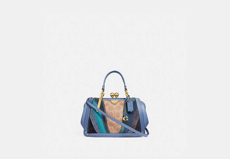 COACH®,KISSLOCK DREAMER 21 IN SIGNATURE CANVAS WITH WAVE PATCHWORK AND SNAKESKIN DETAIL,Coated Canvas,Medium,Brass/Tan Washed Chambray,Front View