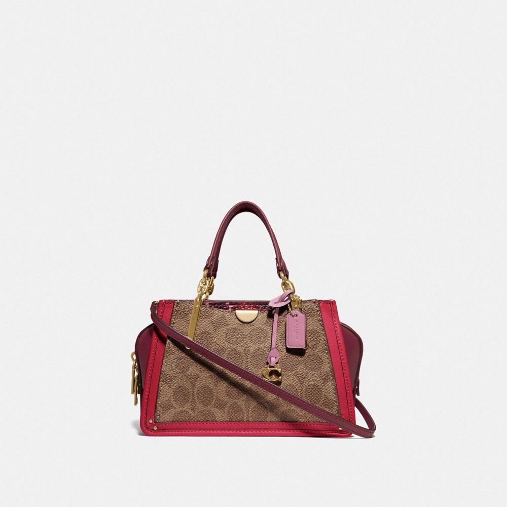 COACH®,DREAMER 21 IN SIGNATURE CANVAS WITH SNAKESKIN DETAIL,pvc,Small,Gold/Tan Red Apple,Front View