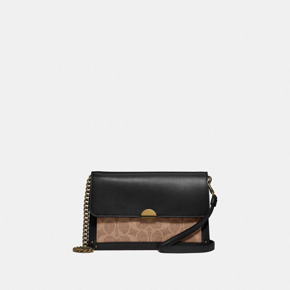 COACH®,DREAMER CONVERTIBLE CROSSBODY IN COLORBLOCK SIGNATURE CANVAS,pvc,Mini,Brass/Tan Black,Front View