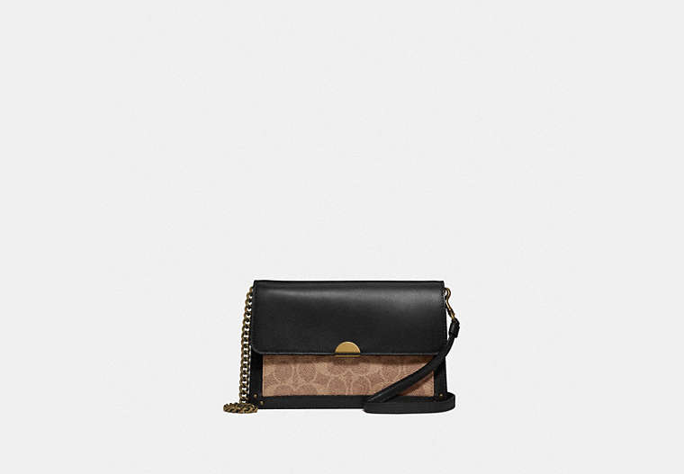 COACH®,DREAMER CONVERTIBLE CROSSBODY IN COLORBLOCK SIGNATURE CANVAS,pvc,Mini,Brass/Tan Black,Front View image number 0