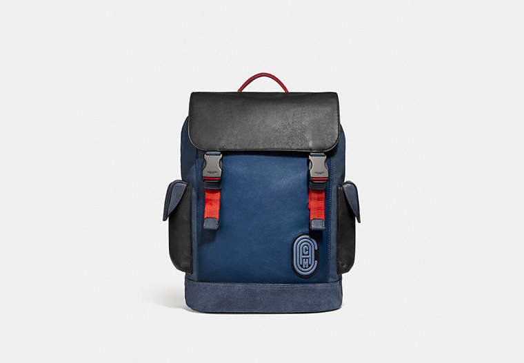 COACH®,RIVINGTON BACKPACK IN COLORBLOCK WITH COACH PATCH,Leather,X-Large,Black Copper/True Blue Multi,Front View