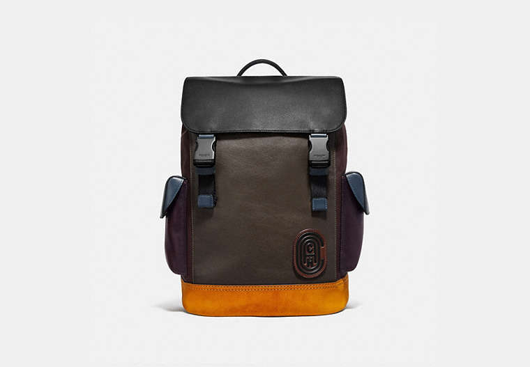 COACH®,RIVINGTON BACKPACK IN COLORBLOCK WITH COACH PATCH,Leather,Large,Black Copper/Moss Multi,Front View